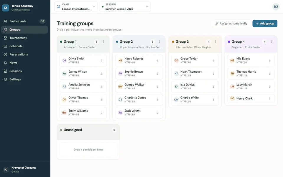 Training groups in the Camp Tempo organiser panel