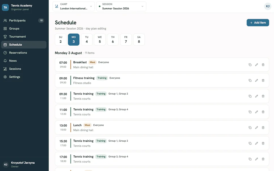 Camp schedule in the Camp Tempo organiser panel