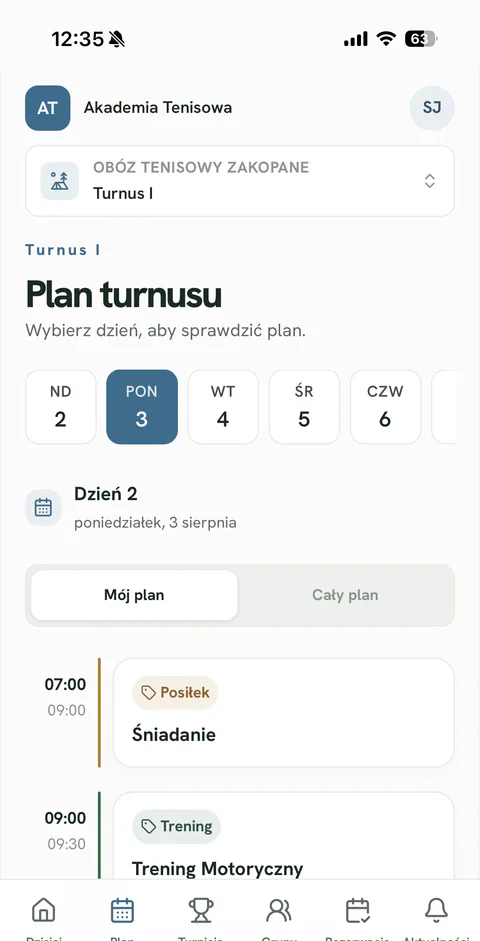 Plan turnusu w aplikacji uczestnika Camp Tempo