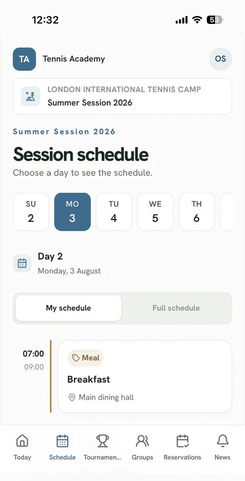 Camp schedule in the Camp Tempo participant app