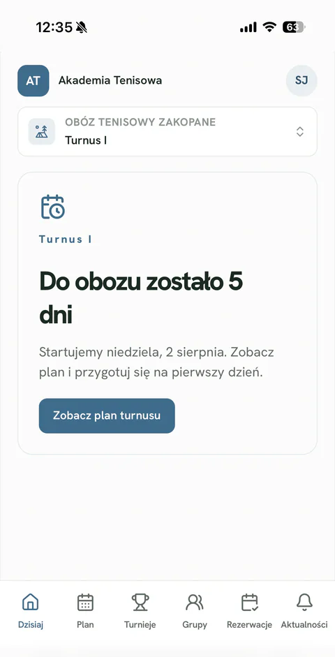 Plan dnia w aplikacji uczestnika Camp Tempo